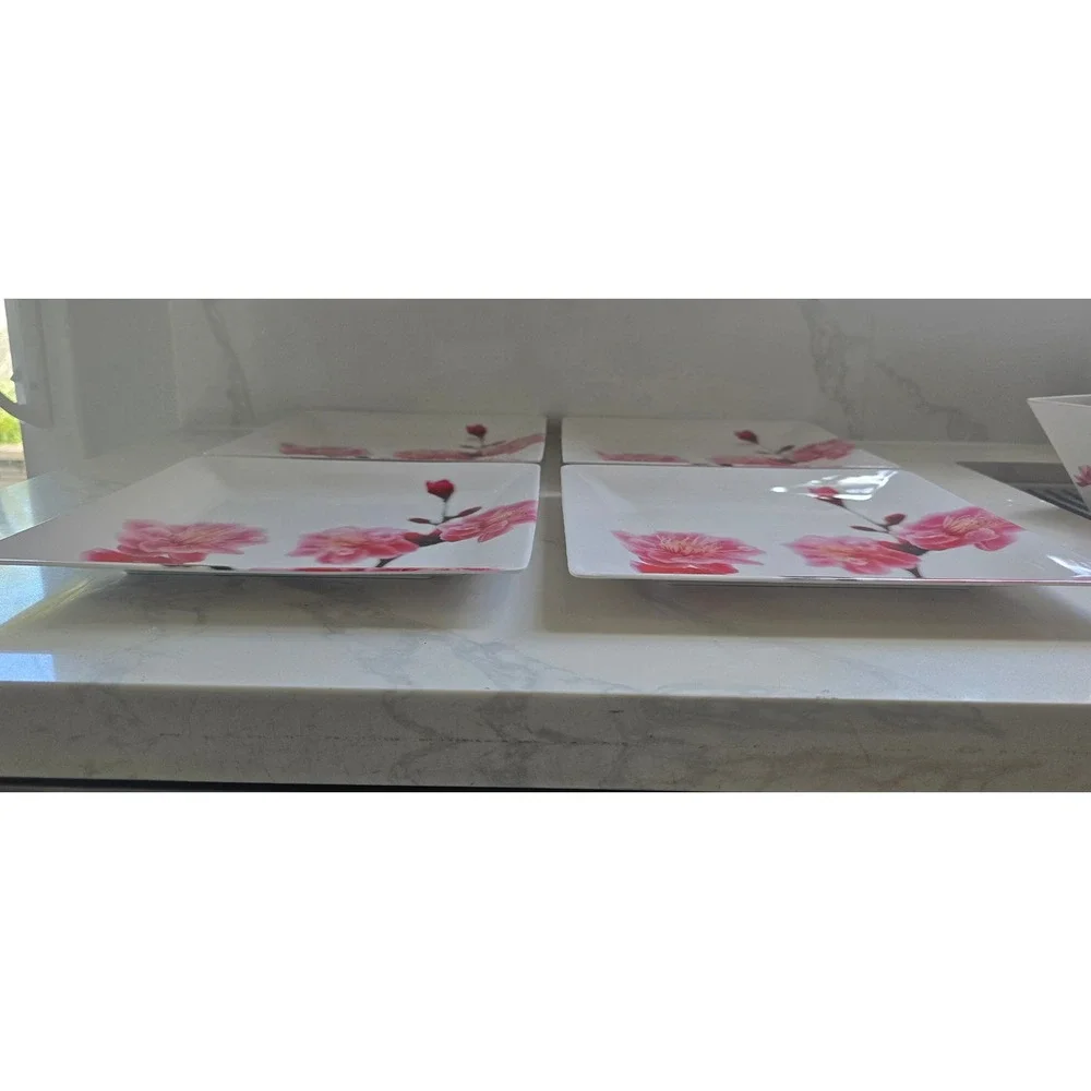 13pc Melamine Dinnerware Set Pink Cherry Blossom Square Plates Serving Bowls